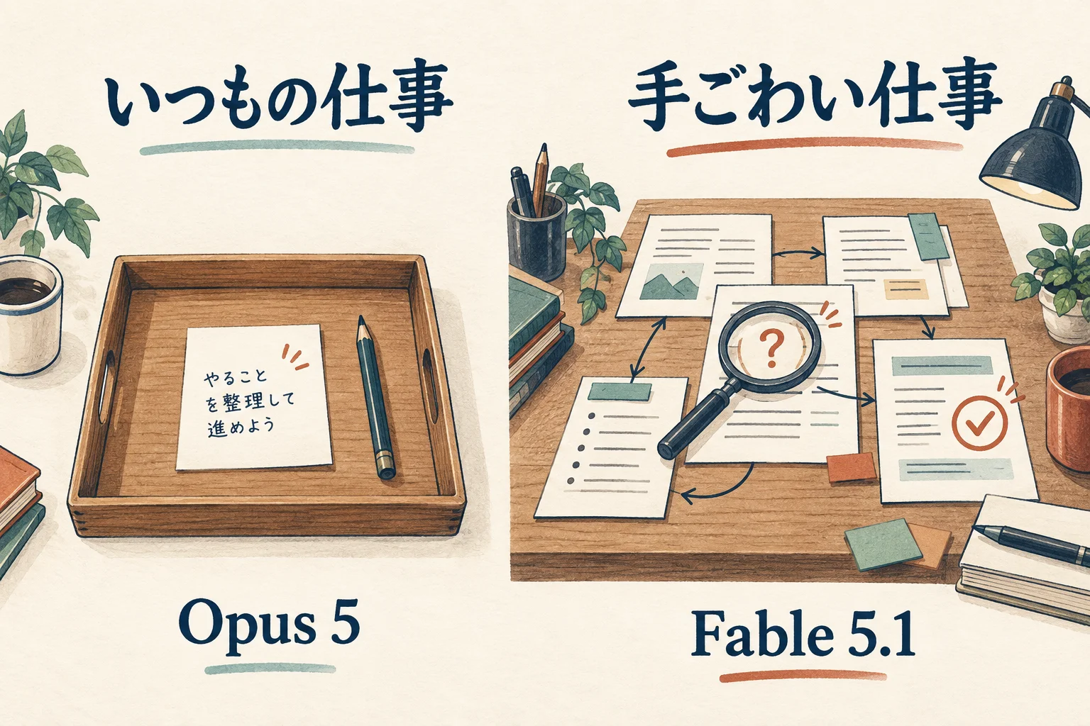 短いメモを扱ういつもの仕事はOpus 5から。調査と確認が重なる手ごわい仕事ではFable 5.1も試す、という選び方のイラスト。