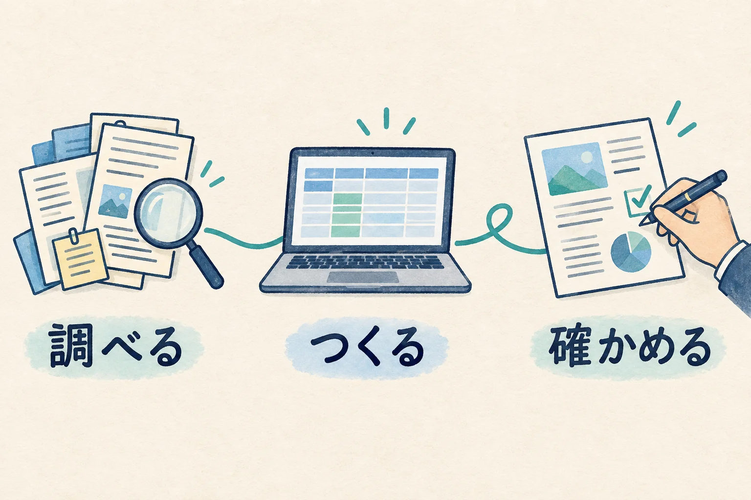 資料を調べる、表をつくる、人が確かめる。仕事の三つの工程をつなぐイラスト。